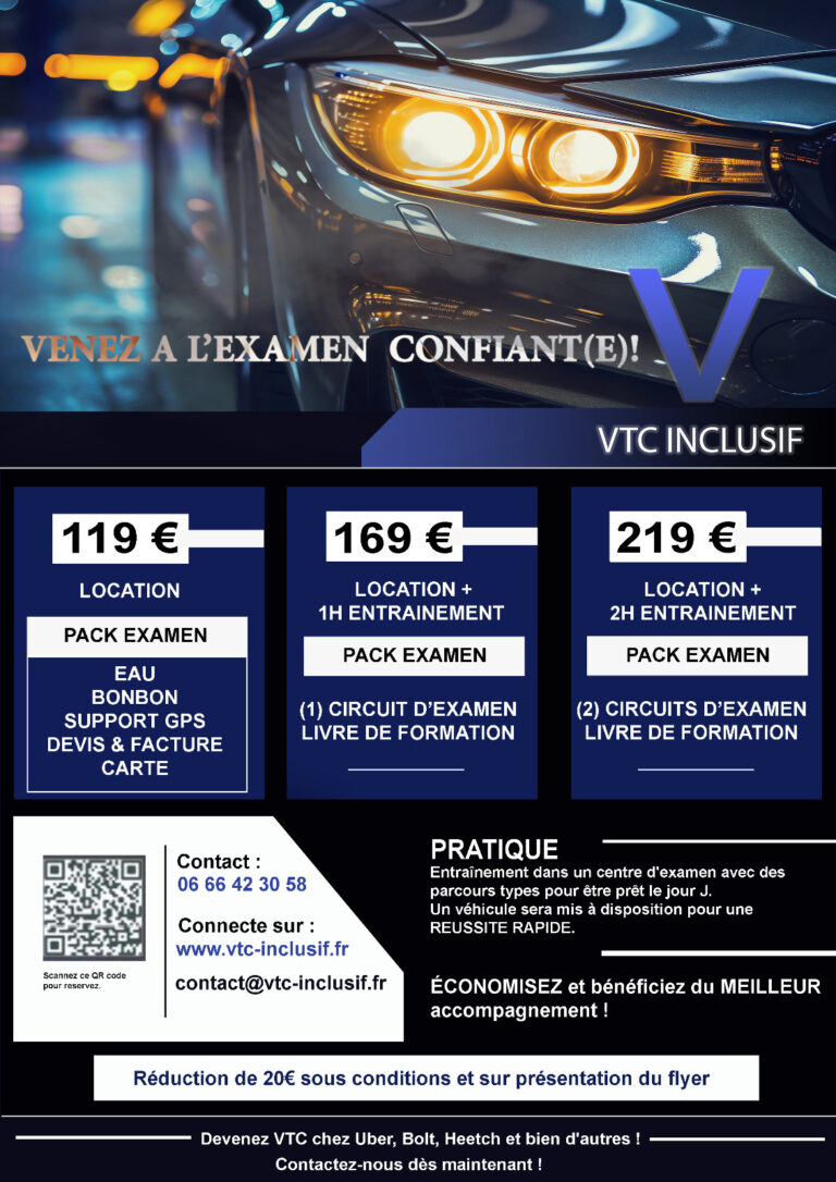 Formules de location de voiture double commande pour examen VTC à partir de 119€, 169€ et 219€ avec packs examen.